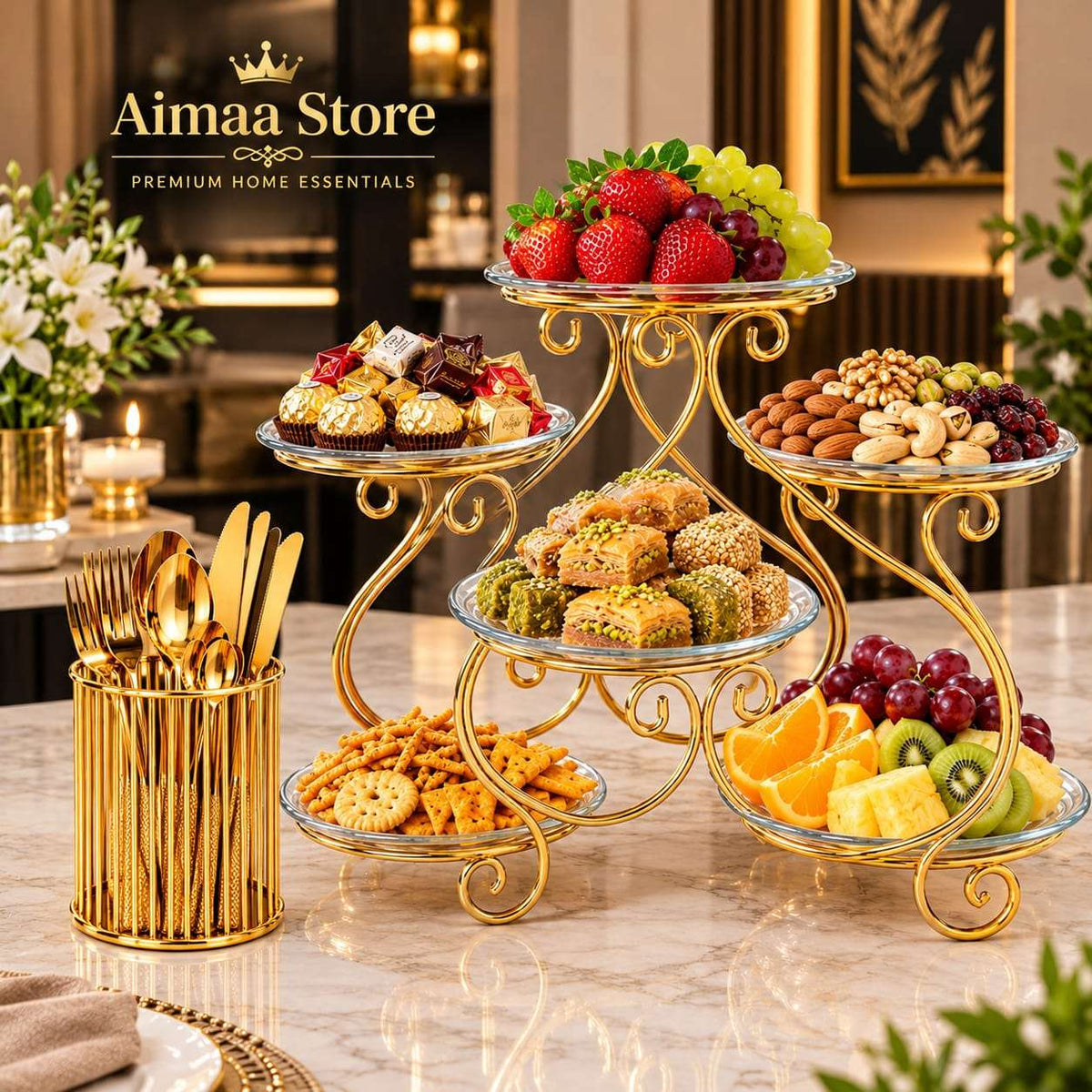 Luxury Golden Brush Holder & Serving Tray(Without Plates)  Combo Deal